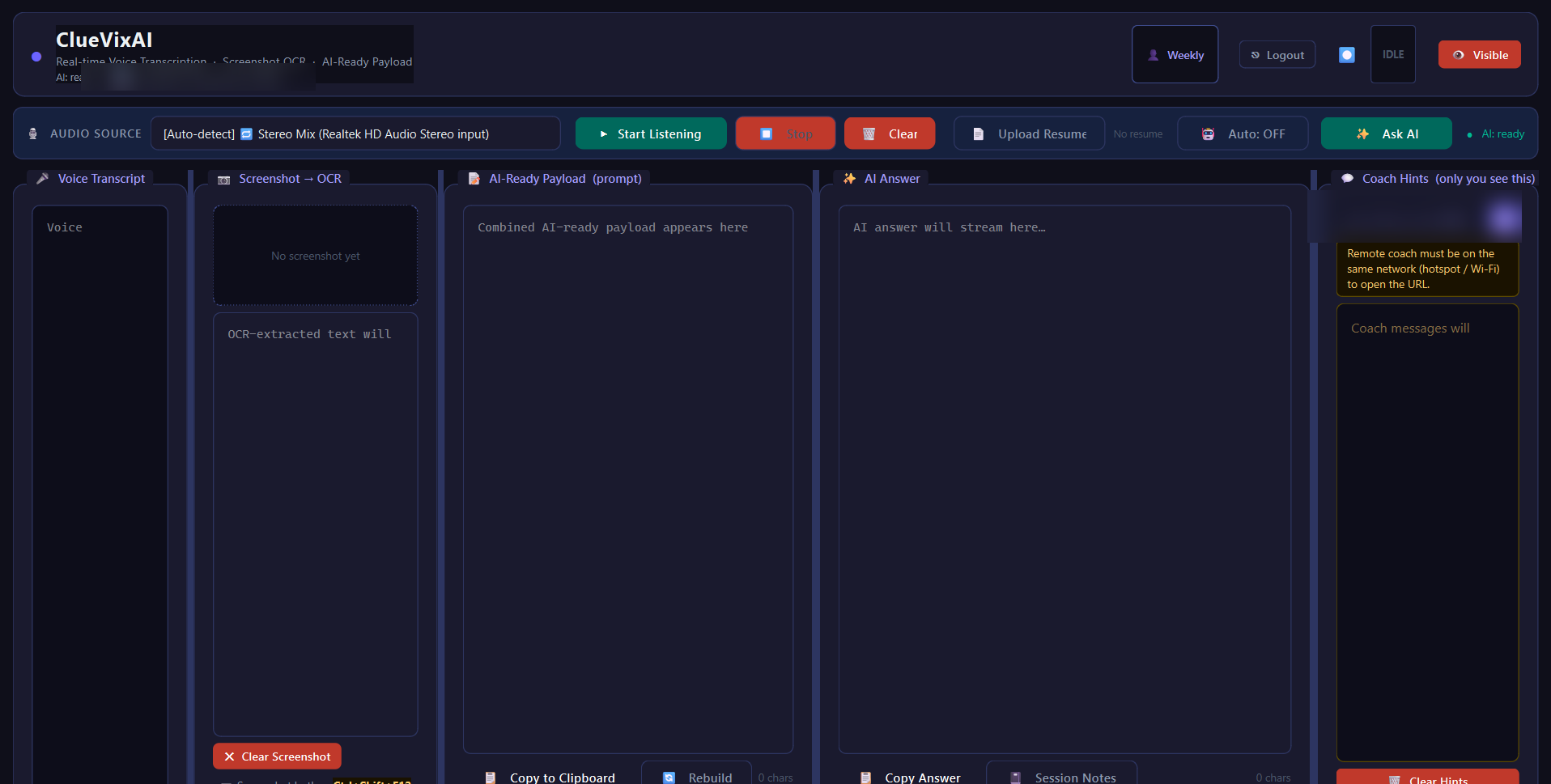 ClueVixAI desktop app showing real-time voice transcript, screenshot OCR, AI-ready payload, AI answer, and coach hints panels